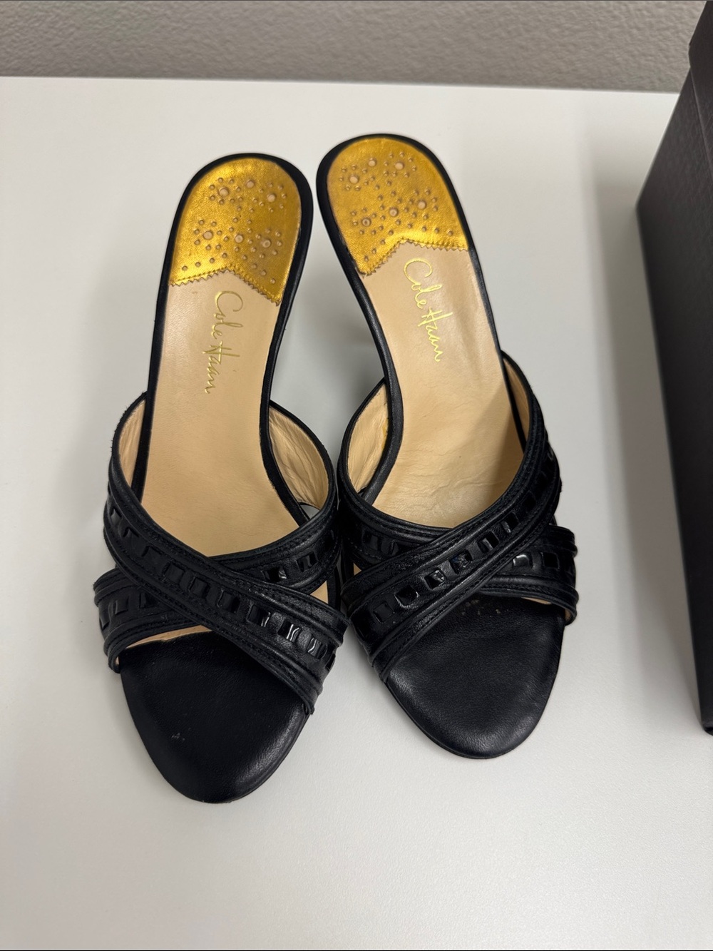 Cole Haan Black Leather Open-Toe Mule Slides with Gold Insole Detail
